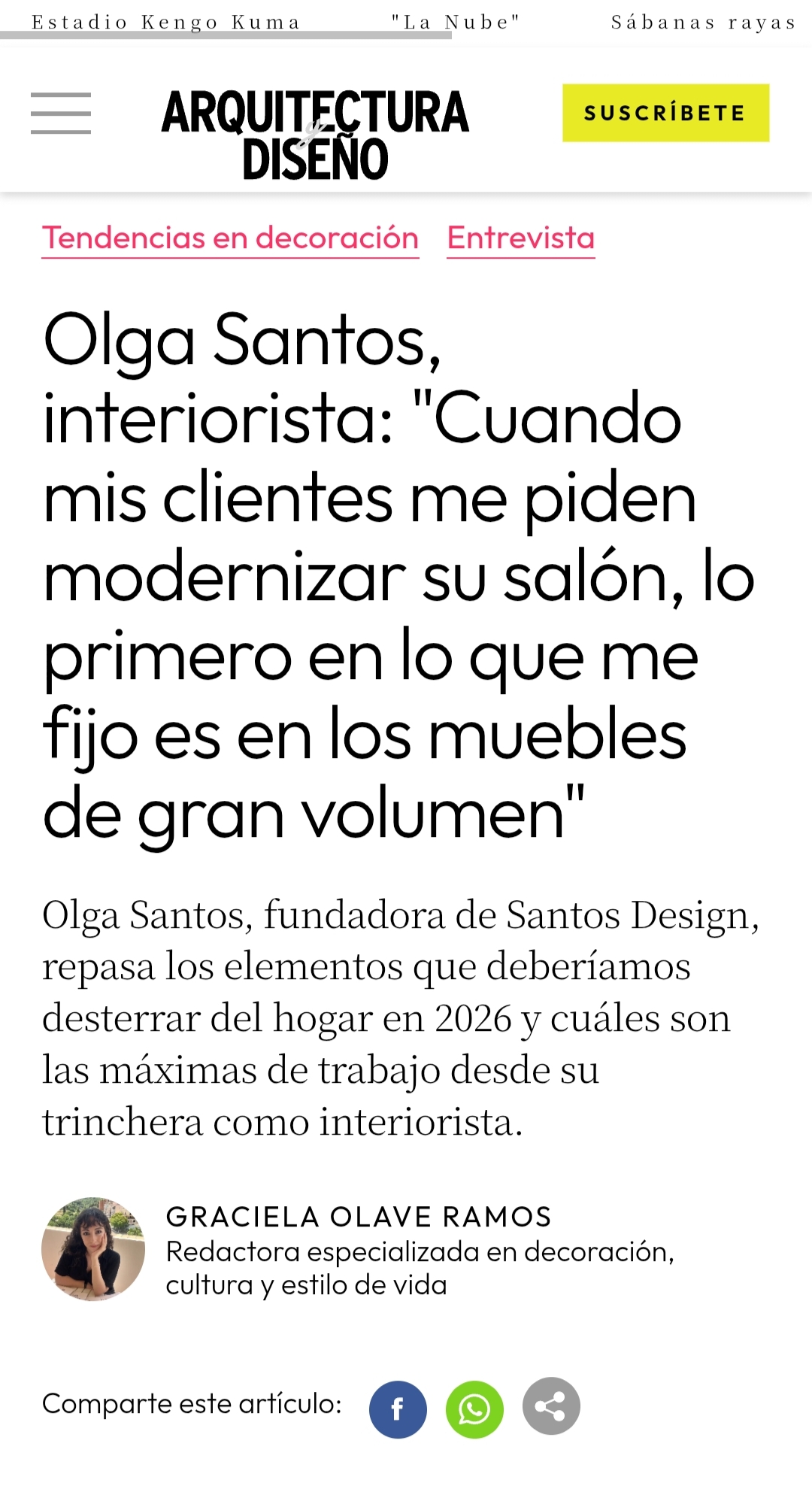 Entrevista a la interiorista Olga Santos en Arquitectura y Diseño sobre las claves para modernizar el salón y la importancia de los muebles de gran volumen en el diseño de interiores en 2026