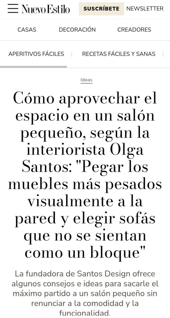 Consejos de la interiorista Olga Santos en la revista Nuevo Estilo sobre cómo aprovechar el espacio en salones pequeños y elegir el mobiliario adecuado