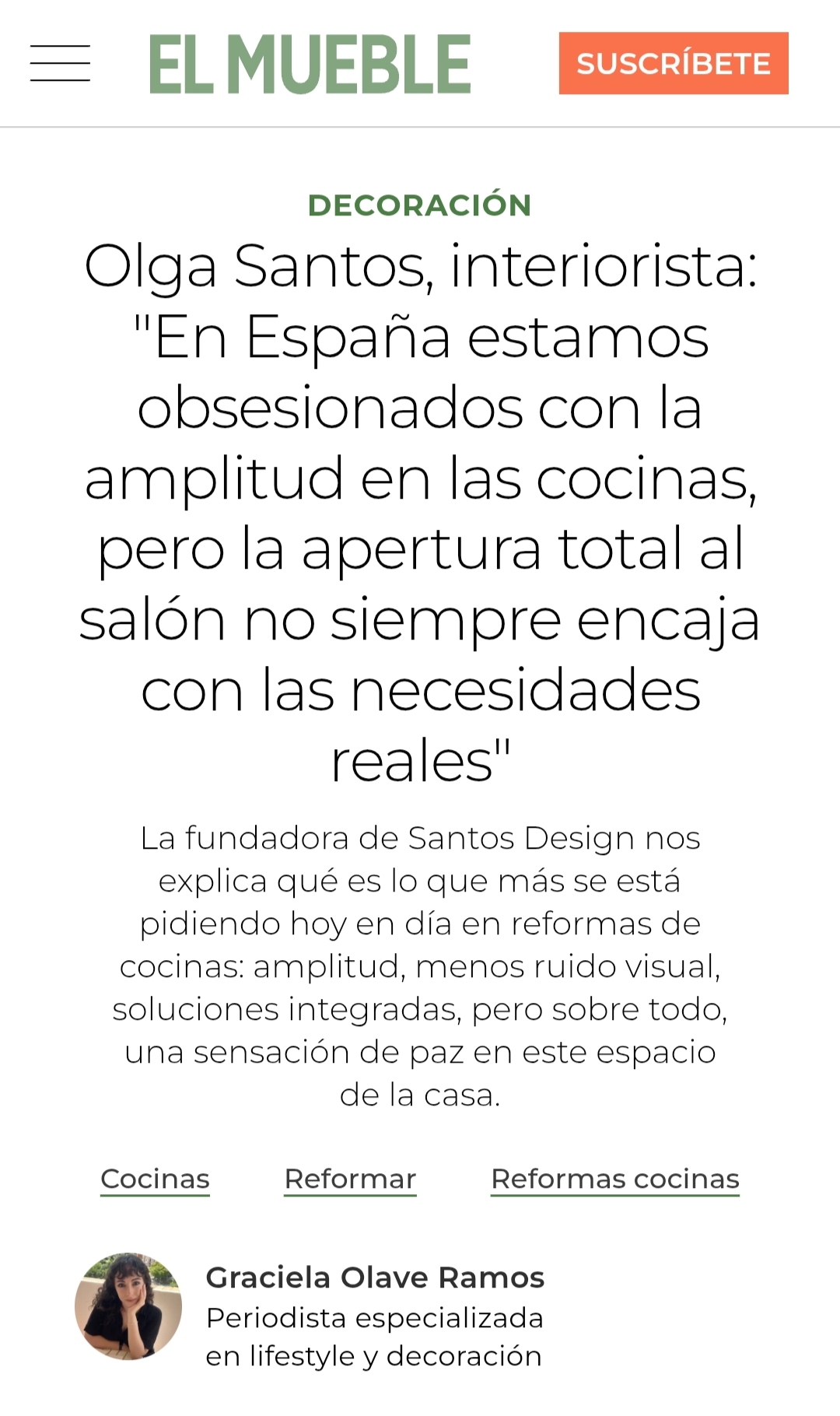 Entrevista a Olga Santos, fundadora de Santos Design, en El Mueble sobre tendencias y necesidades reales en reformas de cocinas