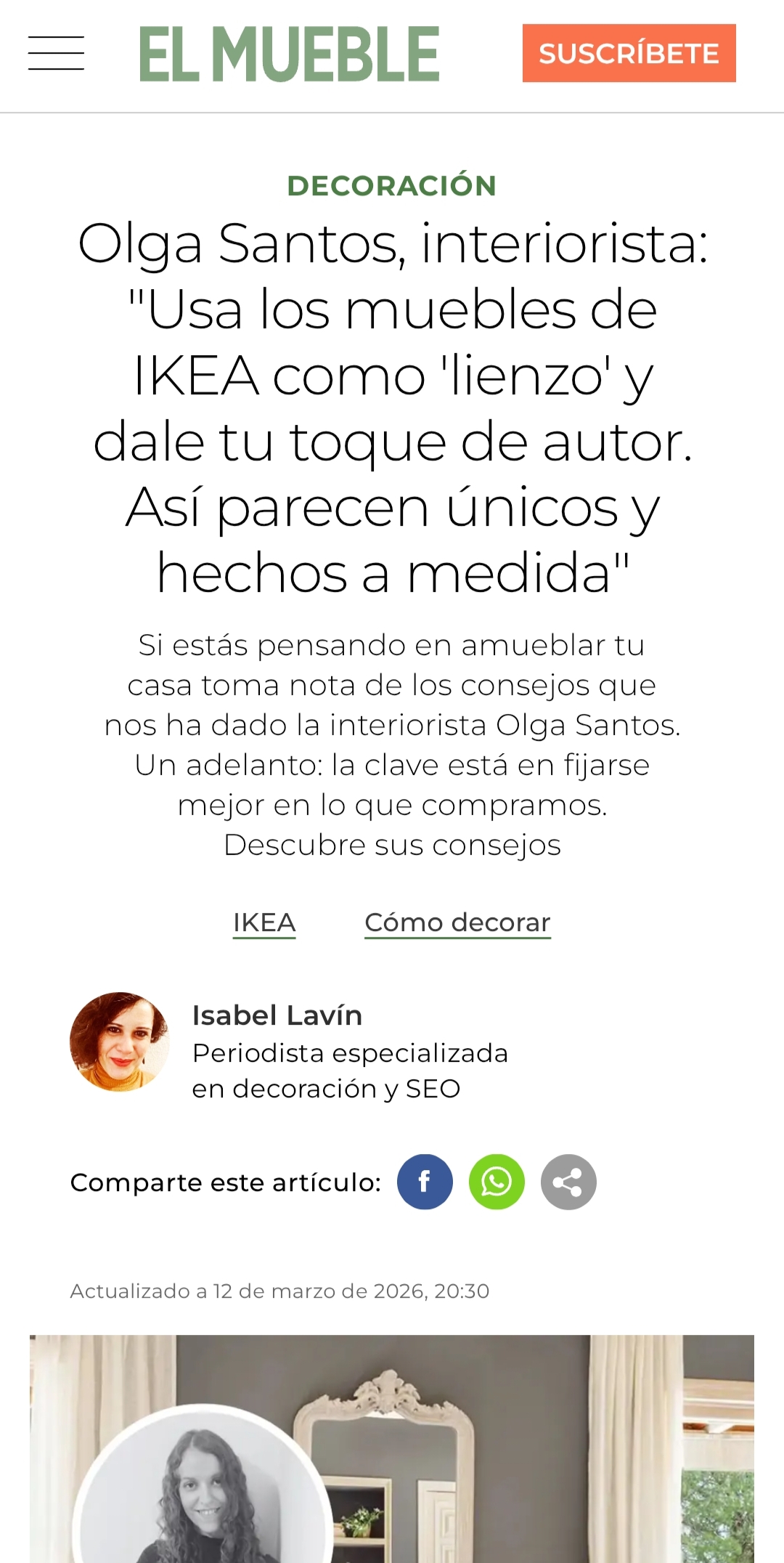 Captura del artículo de Olga Santos en la revista El Mueble sobre cómo decorar con muebles de Ikea y darles personalidad propia